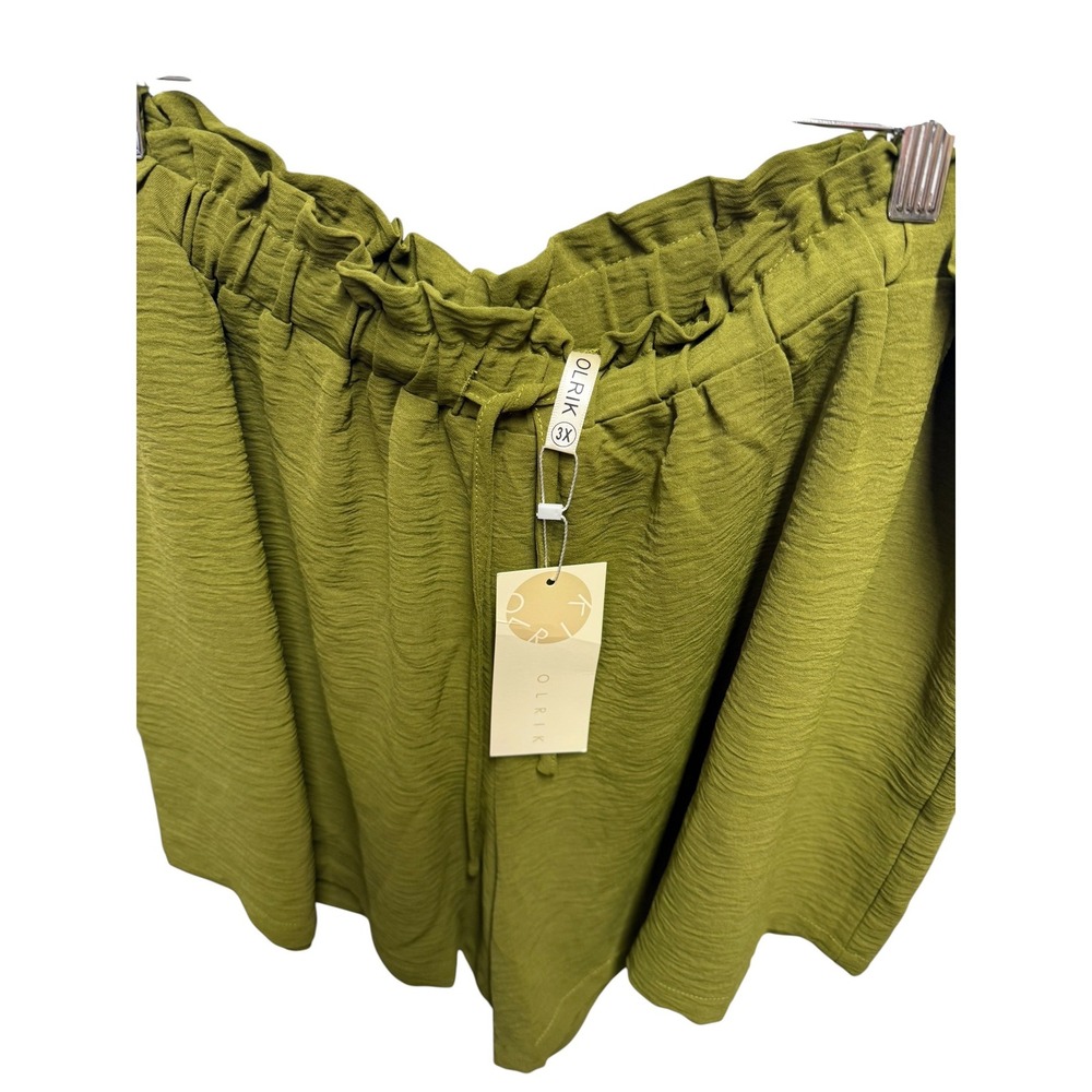 Olrik Paperbag Waist Shorts Womens 3X Green New NWT Olive Textured Drawstring